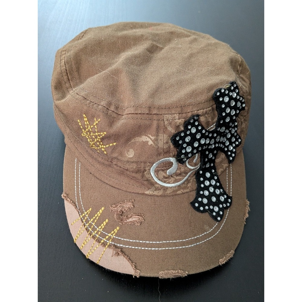 Distressed Jeweled Cross Hat Brown Women's OSFM Strapback Bedazzled